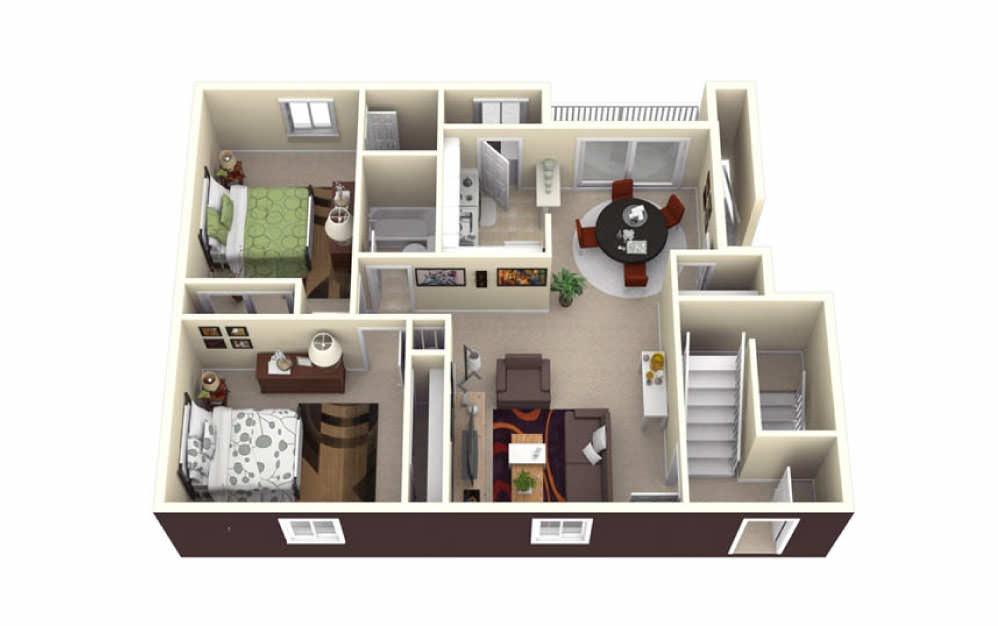 2 Bed Garden - 2 bedroom floorplan layout with 1.5 bath and 1090 square feet. (3D Floor Plan)